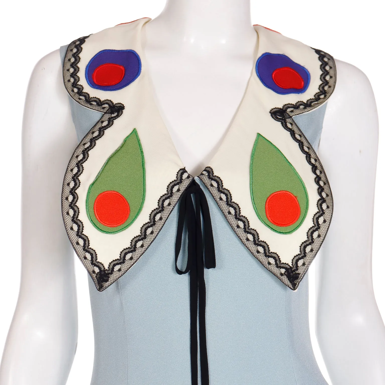 Franco Moschino 1990s Sleeveless Blue Butterfly Wing Collar Silk Dress