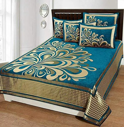 Fresh From Loom Chenille Velvet 500 TC Double Bed King Size Bedsheet with 2 Pillow Cover (Aqua, 90x100 Inch)(Chenille)