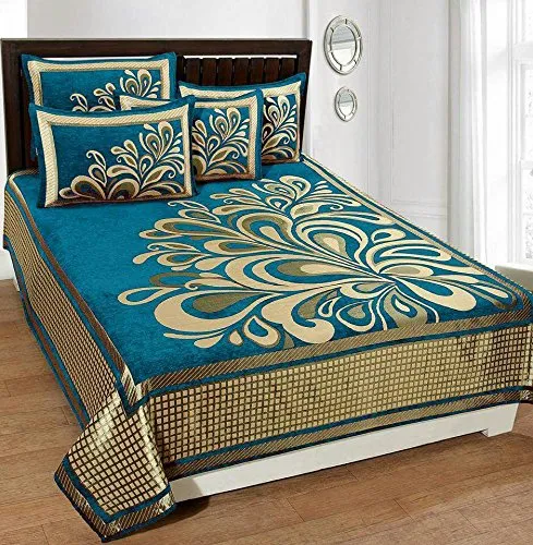 Fresh From Loom Chenille Velvet 500 TC Double Bed King Size Bedsheet with 2 Pillow Cover (Aqua, 90x100 Inch)(Chenille)