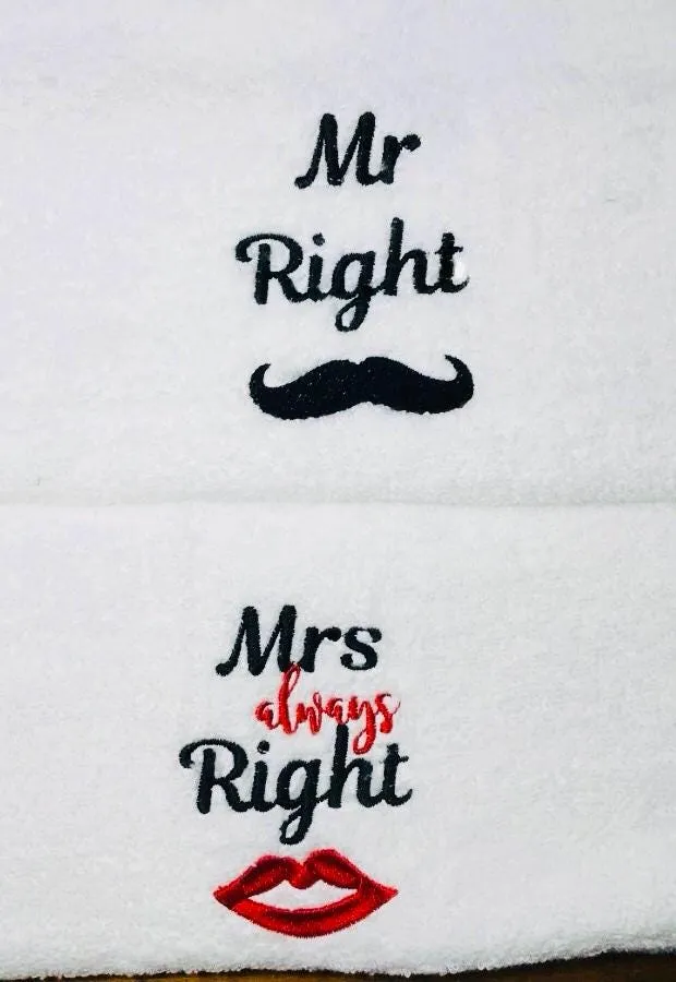 Funny Mr Right Mrs Always Right Towel Set, Wedding Anniversary Gifts