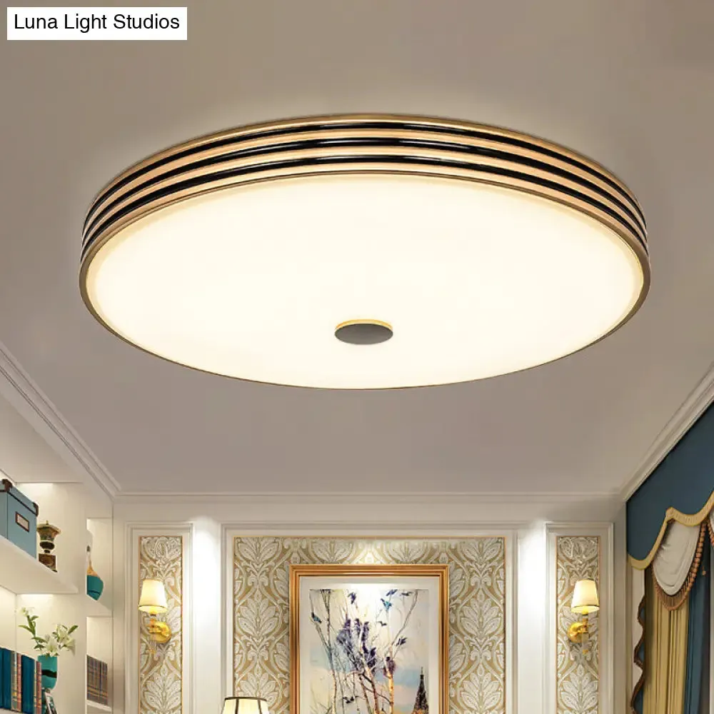 Gold Flush Traditional LED Bedroom Lamp - Cream Glass Drum Ceiling Flush