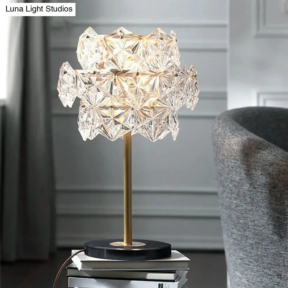 Gold Nightstand Lamp with Clear Crystal Glass Snowflakes – Post-Modern Table Light (2 Bulbs)