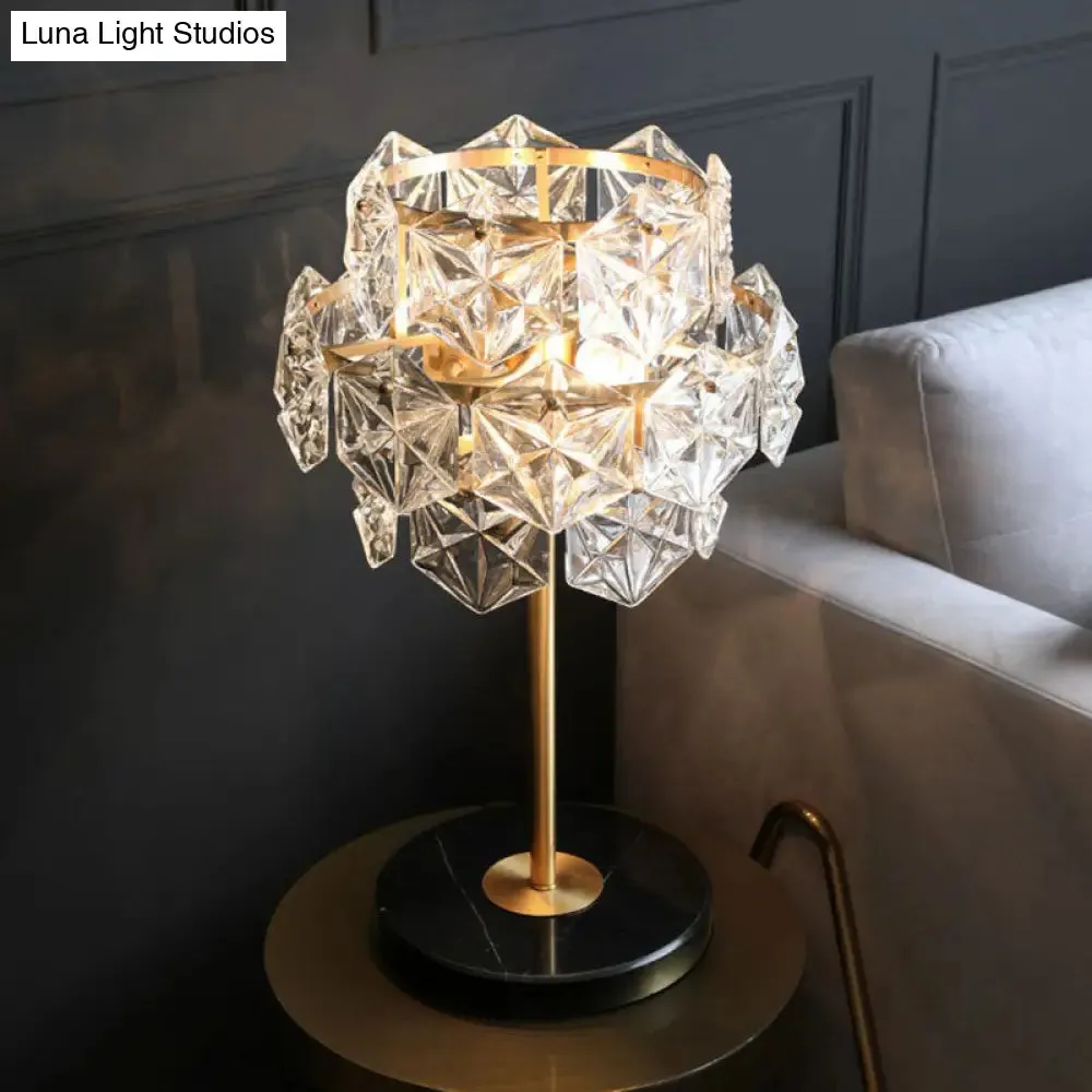 Gold Nightstand Lamp with Clear Crystal Glass Snowflakes – Post-Modern Table Light (2 Bulbs)