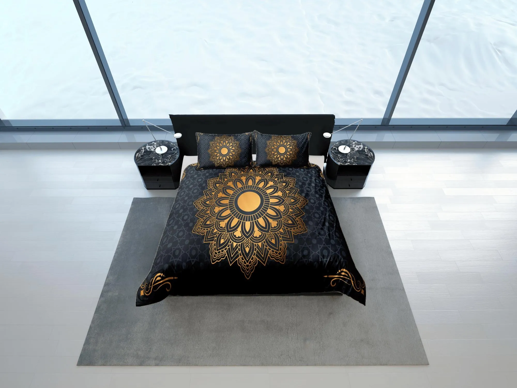 Golden lantern mandala black duvet cover boho bedding set full, queen, king, dorm bedding, aesthetic decor indian bedspread maximalist decor