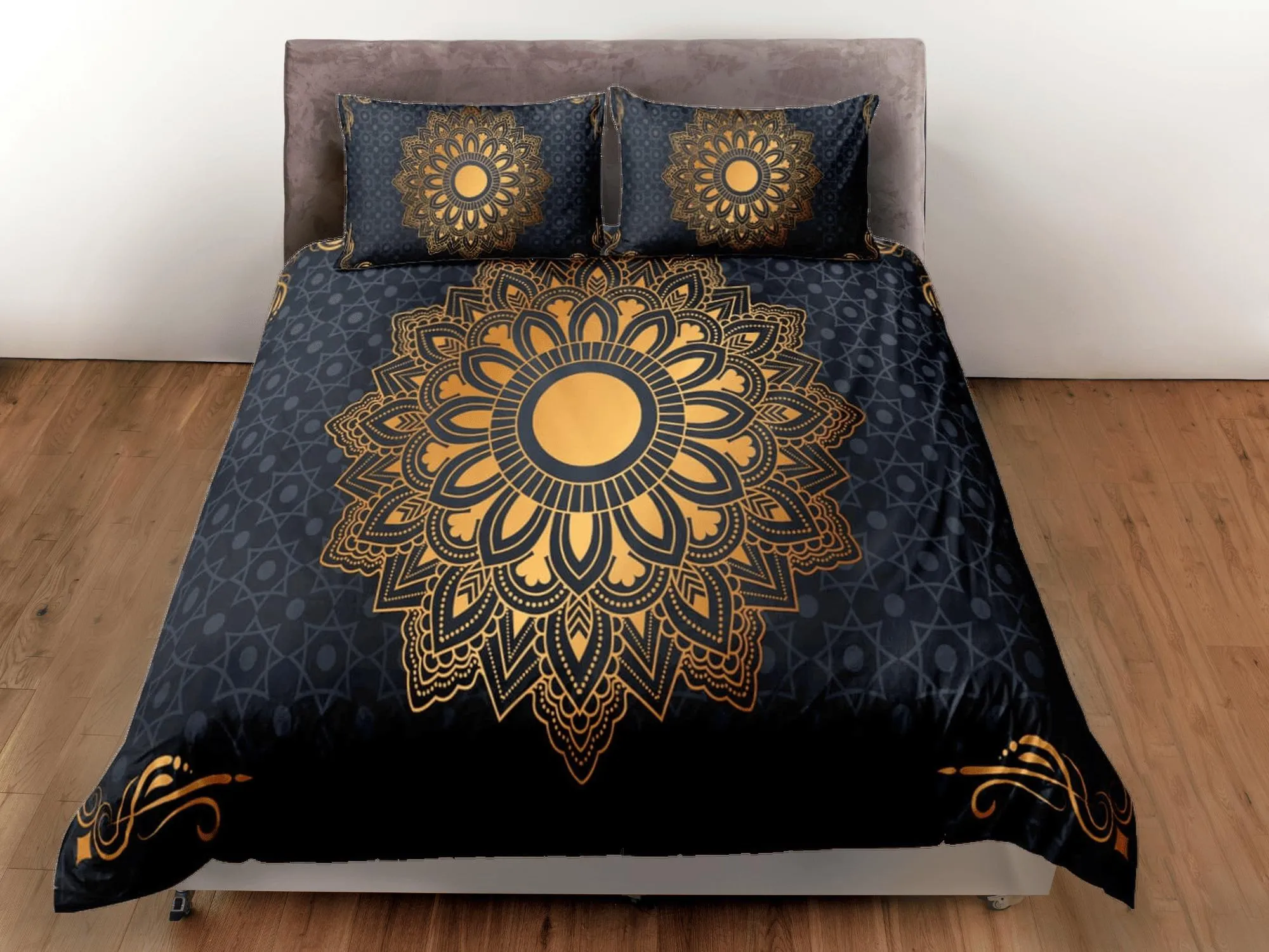 Golden lantern mandala black duvet cover boho bedding set full, queen, king, dorm bedding, aesthetic decor indian bedspread maximalist decor