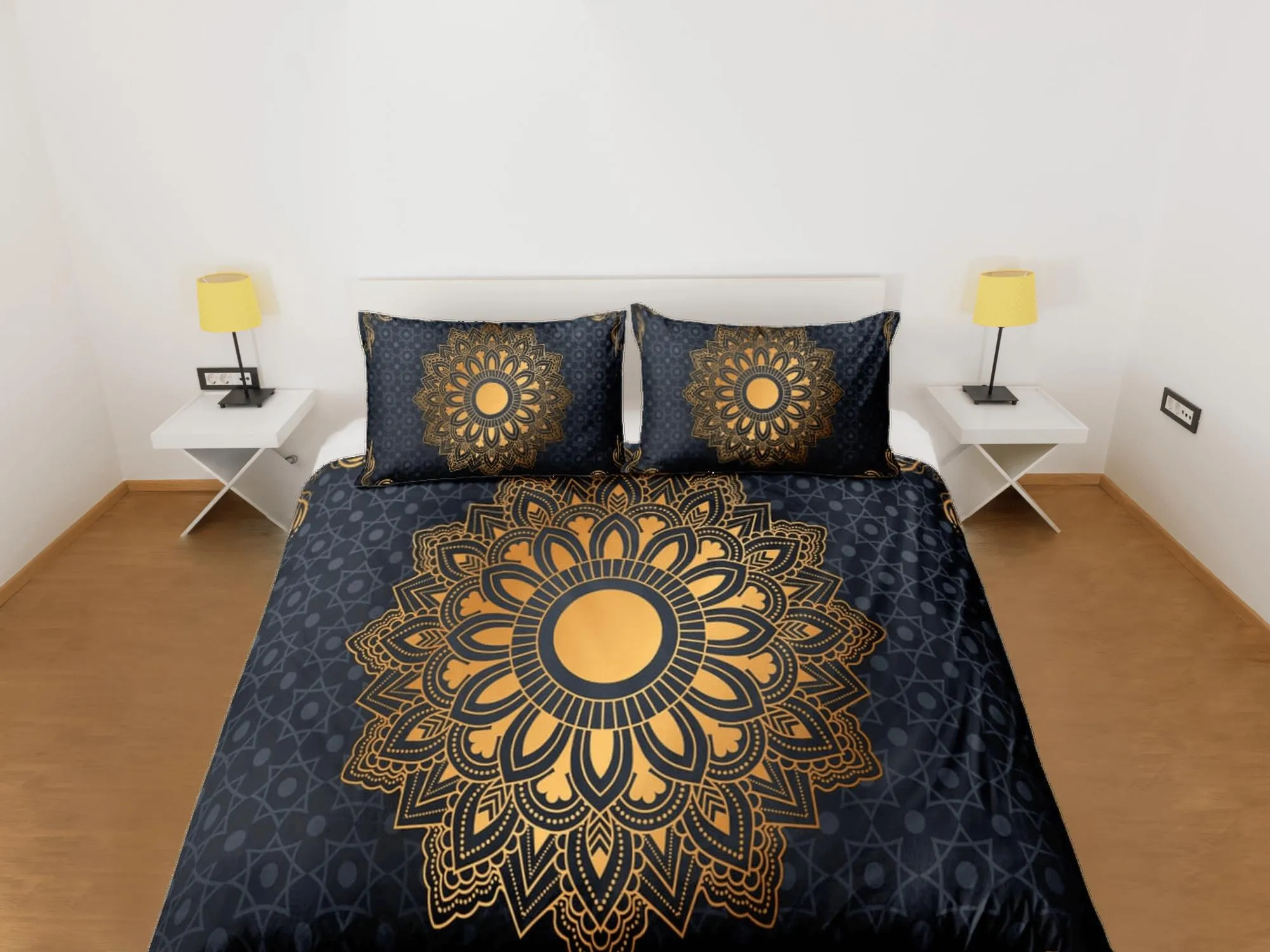 Golden lantern mandala black duvet cover boho bedding set full, queen, king, dorm bedding, aesthetic decor indian bedspread maximalist decor