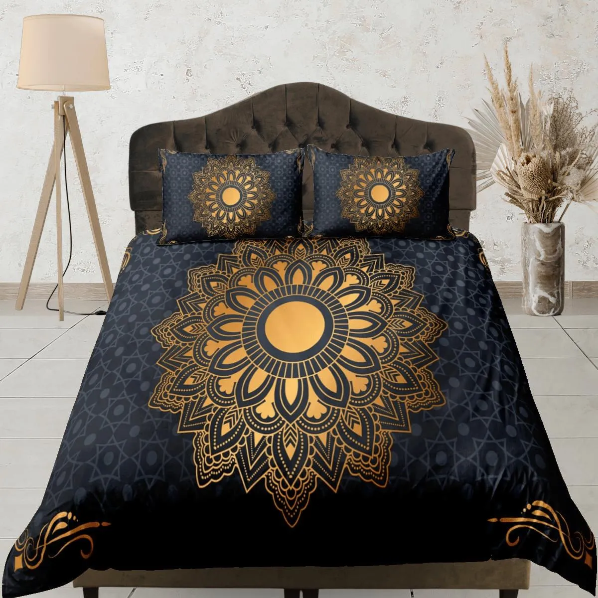 Golden lantern mandala black duvet cover boho bedding set full, queen, king, dorm bedding, aesthetic decor indian bedspread maximalist decor