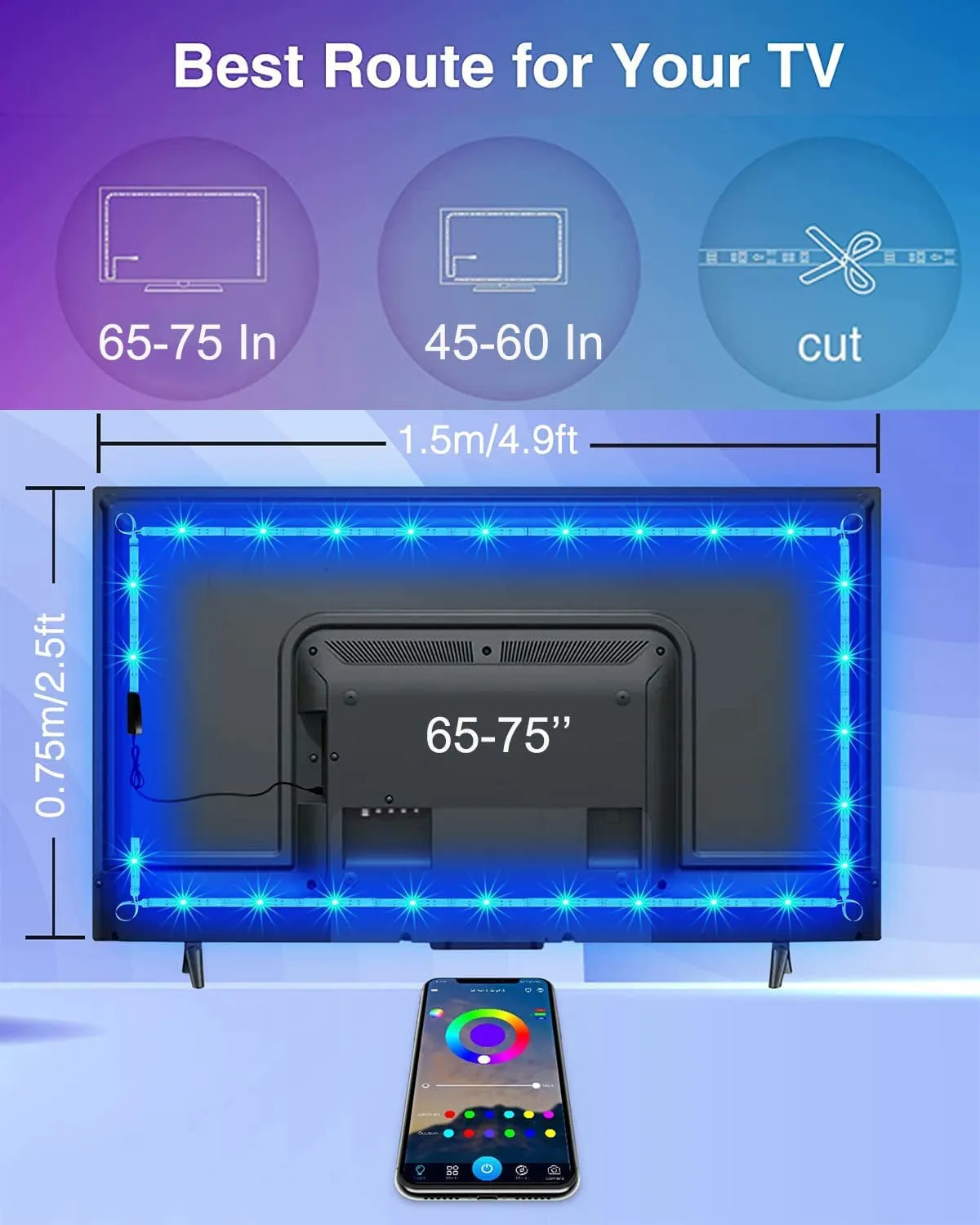 GUPUP LED Lights for TV 65 Inch, TV Led Backlight, USB Lights for TV 55-75 Inch with Remote, Rope Lights for TV 15 FT, under TV Lights for Gaming Room,Pc,Desktop,Mirror,Cabinet...