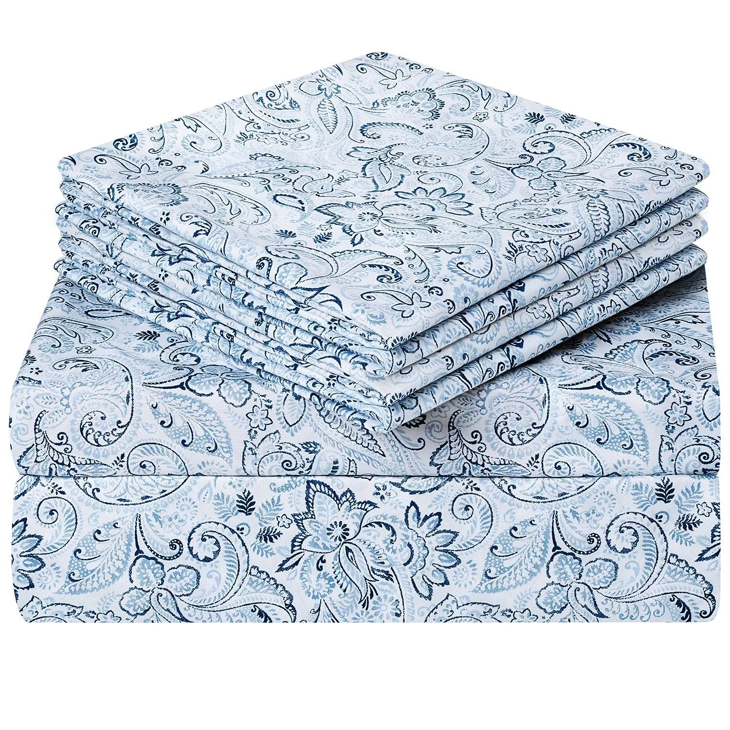 HOMEIDEAS 6 Piece Printed Queen Size Bed Sheets, Extra Soft Brushed Microfiber 1800 Bedding Pattern Sheets, Deep Pocket, Wrinkle & Fade Free, Blue Paisley