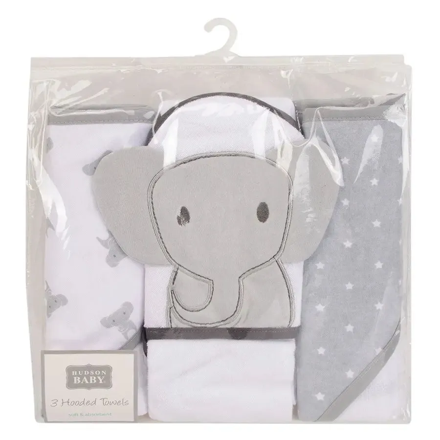 Hudson Baby Knit Terry Hooded Towel 3pc - Grey Modern Elephant