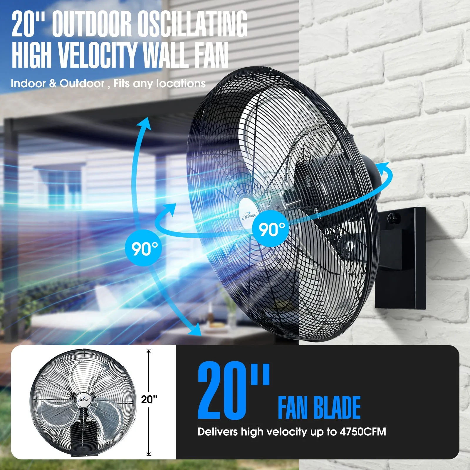 ILG8EOSC20 - iLiving 20" Outdoor Oscillating High Velocity Wall Fan with 4750 CFM Heavy Duty Weatherproof Motor, Variable Speed Adjustment for Workshop, Garage, Patios, Commercial and Industrial, 20 inch