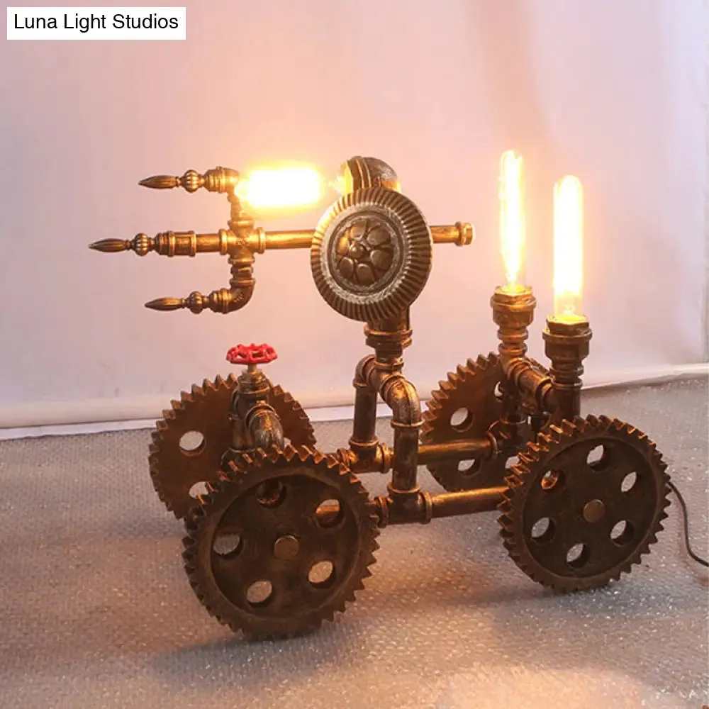 Industrial Brass Finish War Chariot Shaped Table Lamp - 3-Light Iron Nightstand Light with Plug-In Cord