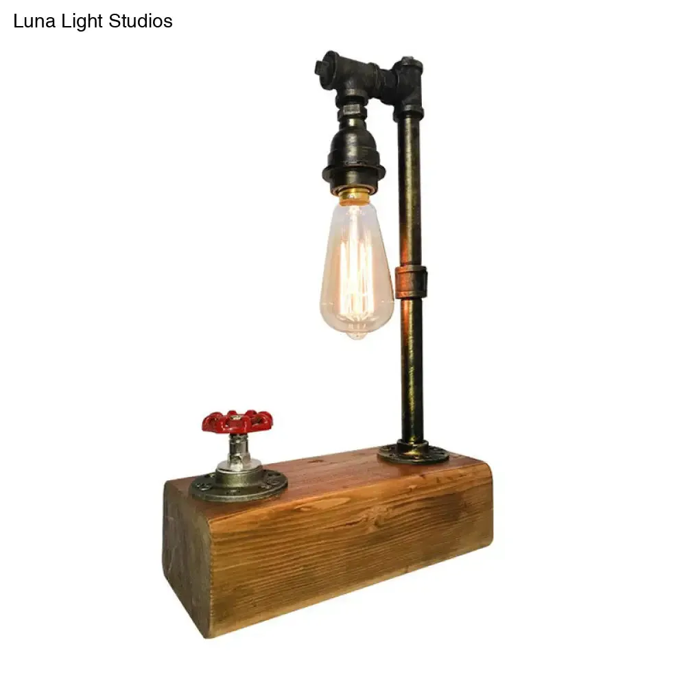 Industrial Iron 1-Light Bedroom Night Lamp with Bronze Finish, Wooden Base, and Dimmer Switch