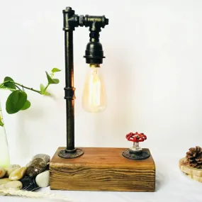 Industrial Iron 1-Light Bedroom Night Lamp with Bronze Finish, Wooden Base, and Dimmer Switch