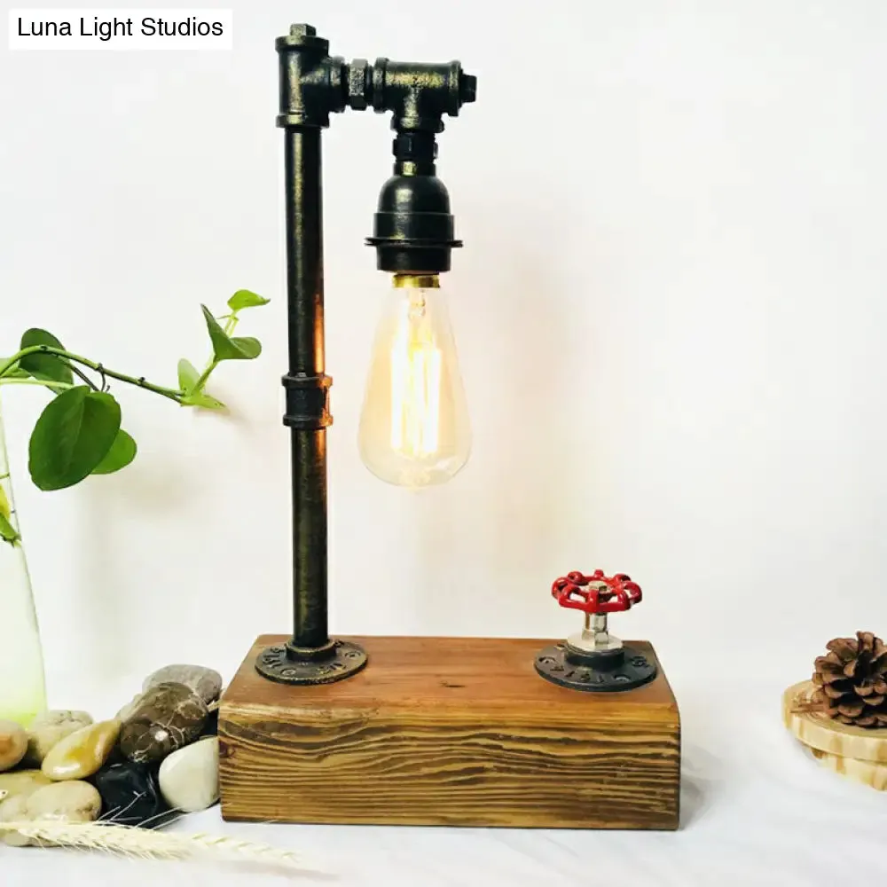 Industrial Iron 1-Light Bedroom Night Lamp with Bronze Finish, Wooden Base, and Dimmer Switch