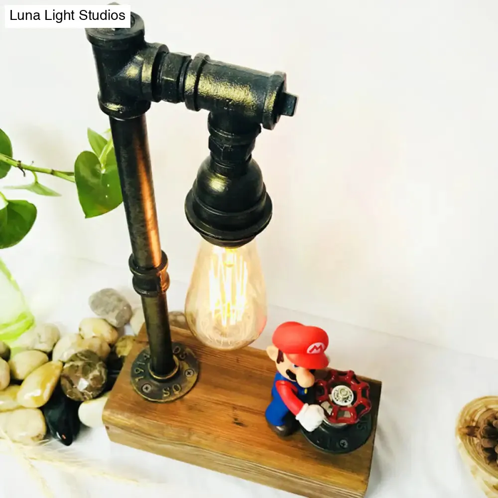 Industrial Iron 1-Light Bedroom Night Lamp with Bronze Finish, Wooden Base, and Dimmer Switch