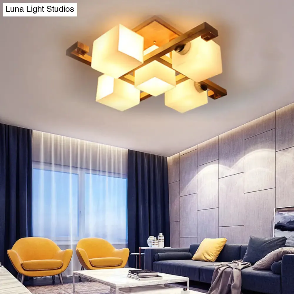 Japanese Style Cube Shade LED Flush Mount with Wood and Milk Glass - Perfect for Office Ceilings!