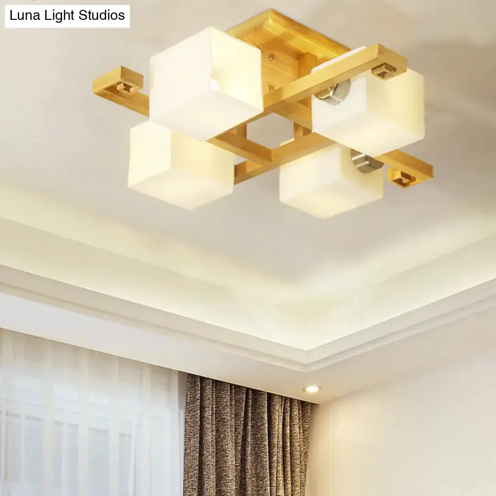 Japanese Style Cube Shade LED Flush Mount with Wood and Milk Glass - Perfect for Office Ceilings!