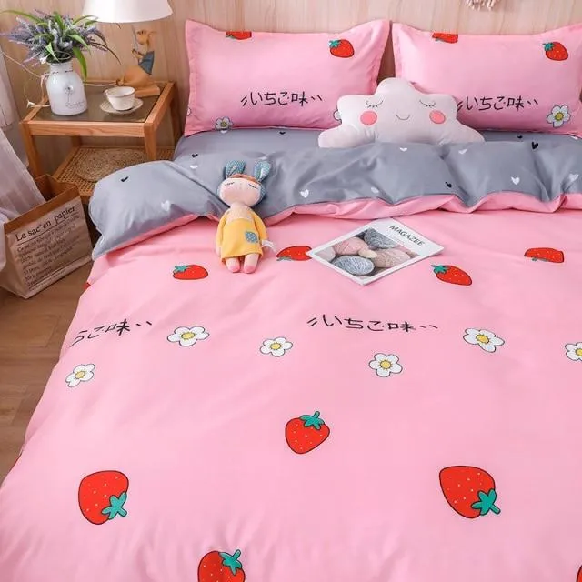 Kawaii Pink & Grey Strawberry Pattern Bedding Set