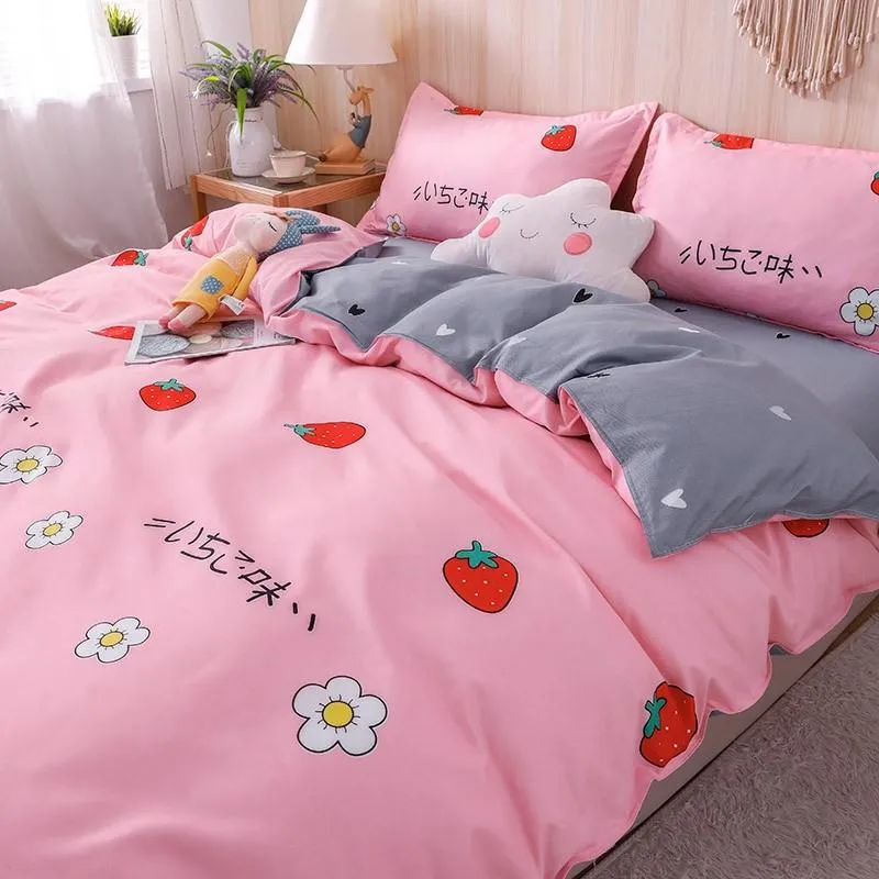 Kawaii Pink & Grey Strawberry Pattern Bedding Set