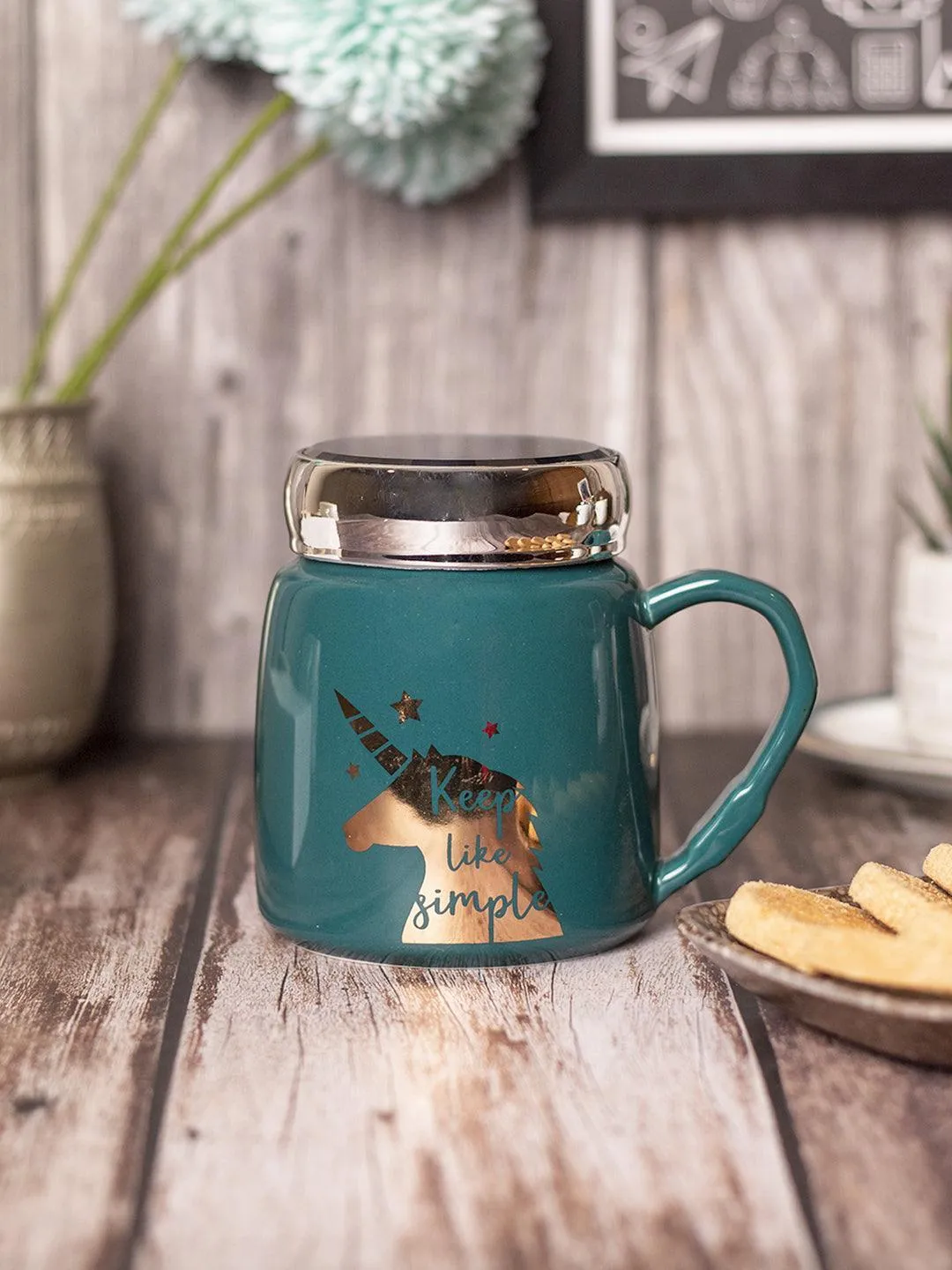 Keep Like Simple' Coffee Mug With Lid -  Sea Green, 360Ml