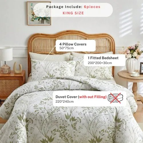 King Size 6 pieces, duvet cover set, green plant leaf design.