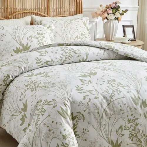 King Size 6 pieces, duvet cover set, green plant leaf design.