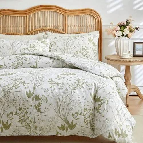 King Size 6 pieces, duvet cover set, green plant leaf design.