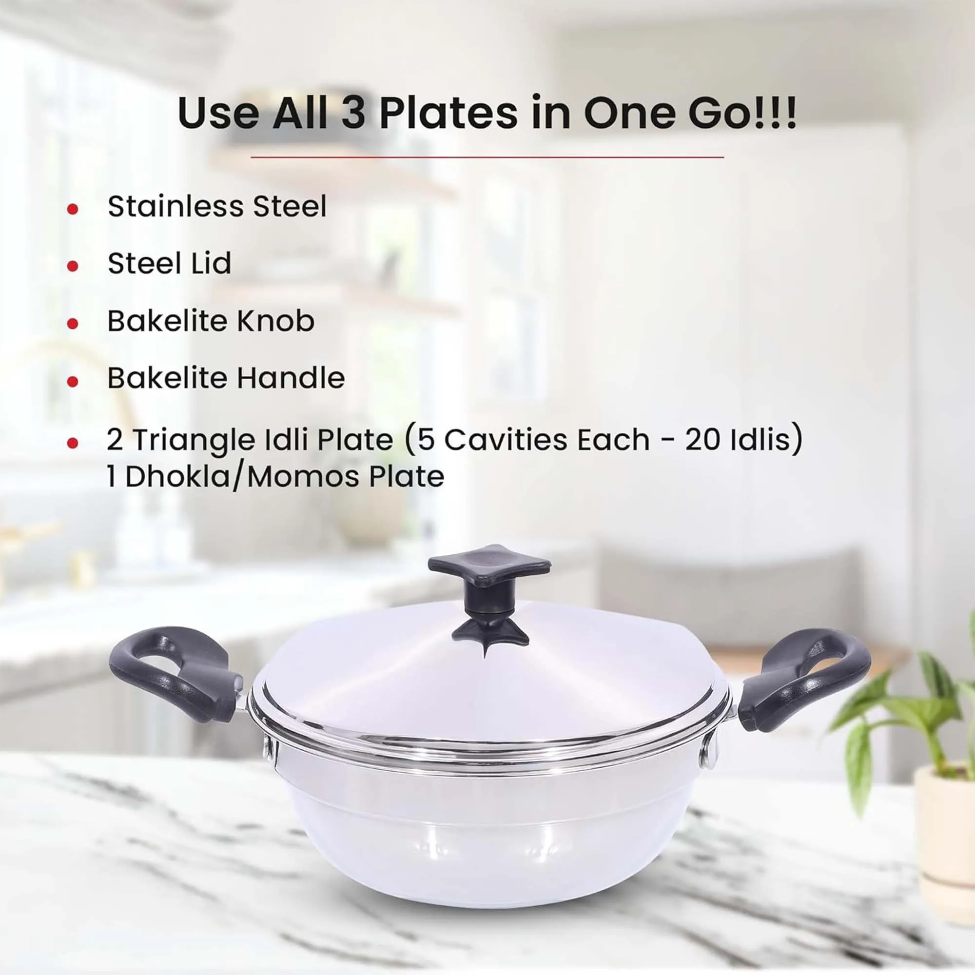 Kuber Industries Stainless Steel Multi Kadai for Idli, Dhokla, Mini Idlies, Modaks | Includes 2 Triangle Idly Plates, 1 Steamer Plate, 1 Momo Plate & 1 Multi Kadai with Lid | Silver