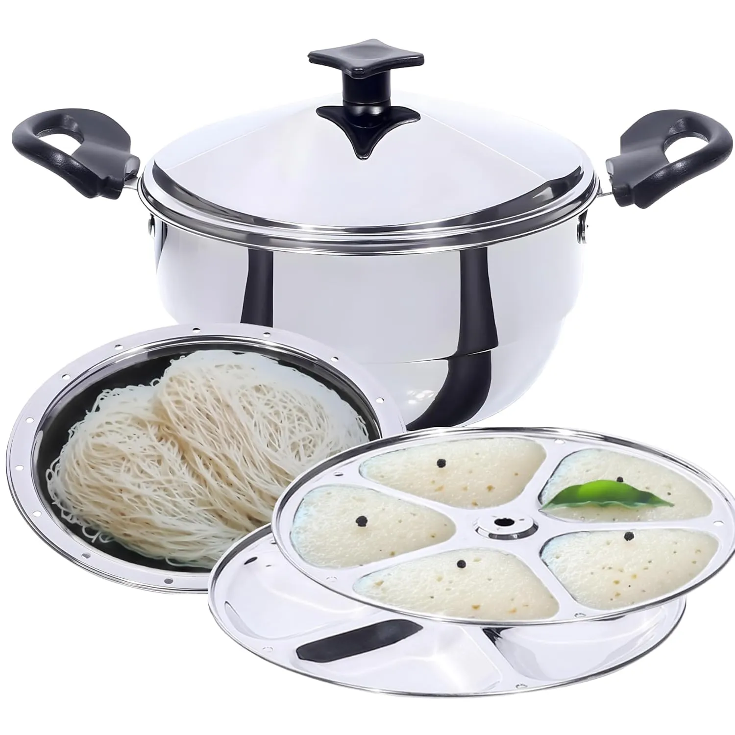 Kuber Industries Stainless Steel Multi Kadai for Idli, Dhokla, Mini Idlies, Modaks | Includes 2 Triangle Idly Plates, 1 Steamer Plate, 1 Momo Plate & 1 Multi Kadai with Lid | Silver