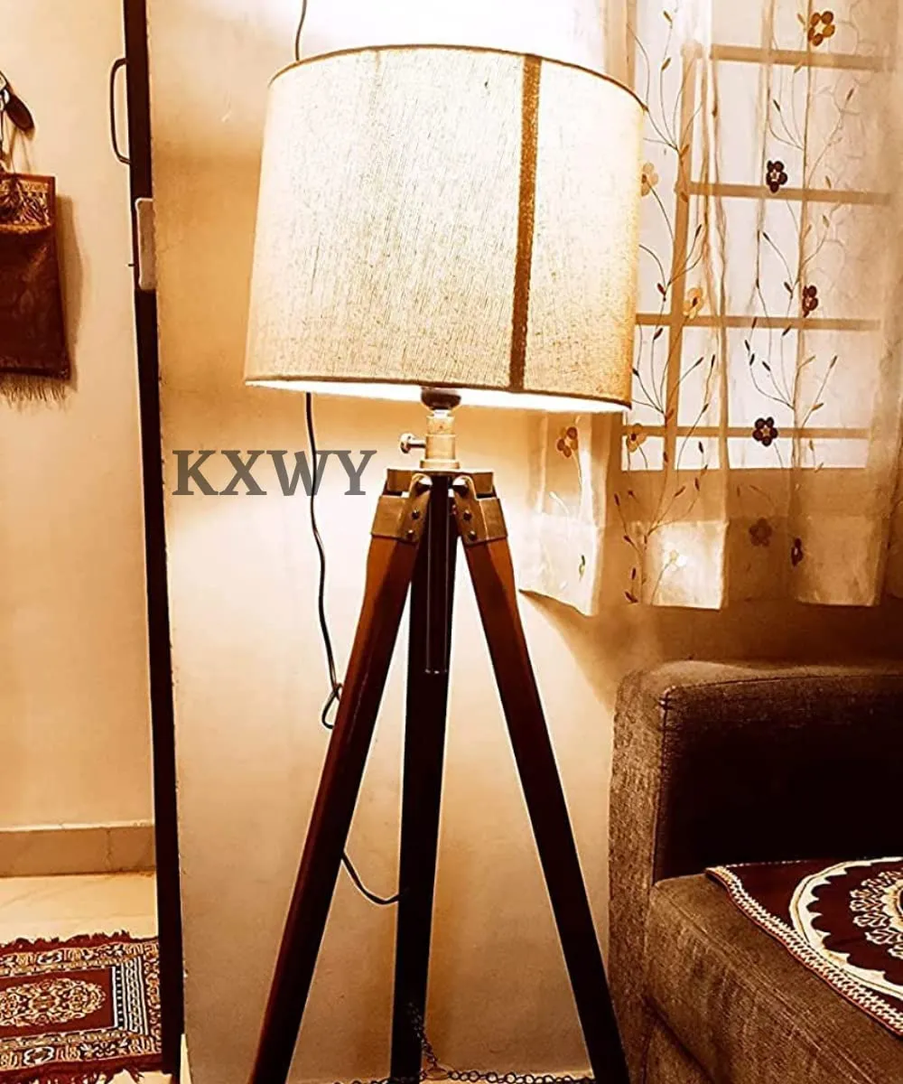 KXWY Tripod Floor Lamp for Living Room, Bed Room with Wooden Crafter Stand | Modern Decorative Tripod Lamp in Jute Shade Brown LED