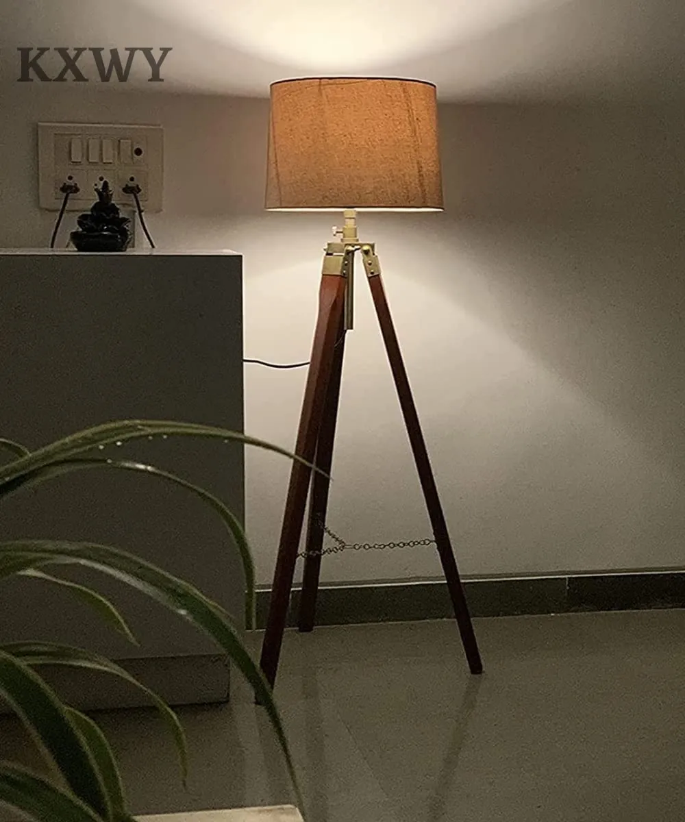 KXWY Tripod Floor Lamp for Living Room, Bed Room with Wooden Crafter Stand | Modern Decorative Tripod Lamp in Jute Shade Brown LED