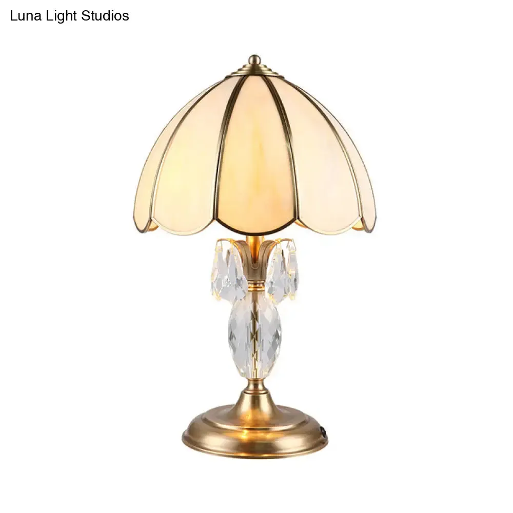 Light Beige Glass Table Lamp with Gold Dome Design and Crystal Accent - Bedroom Night Lighting