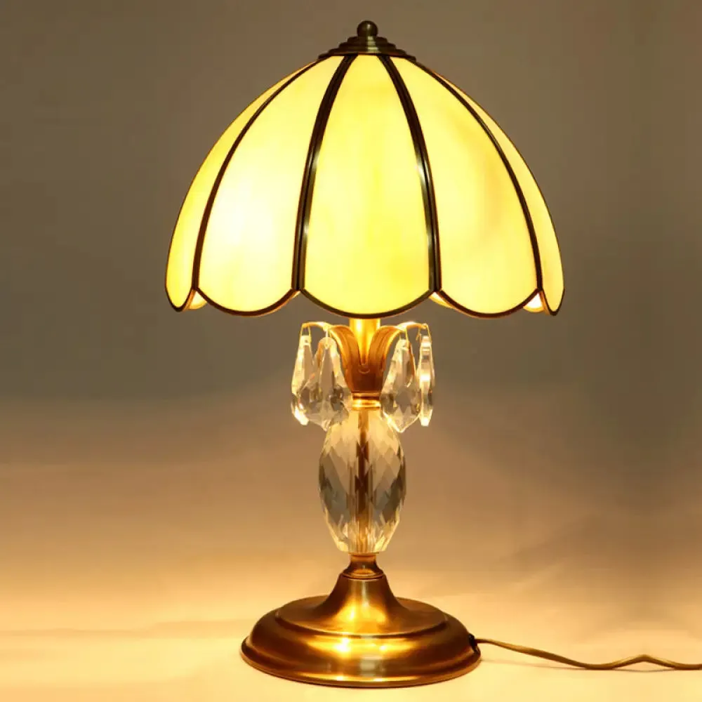 Light Beige Glass Table Lamp with Gold Dome Design and Crystal Accent - Bedroom Night Lighting