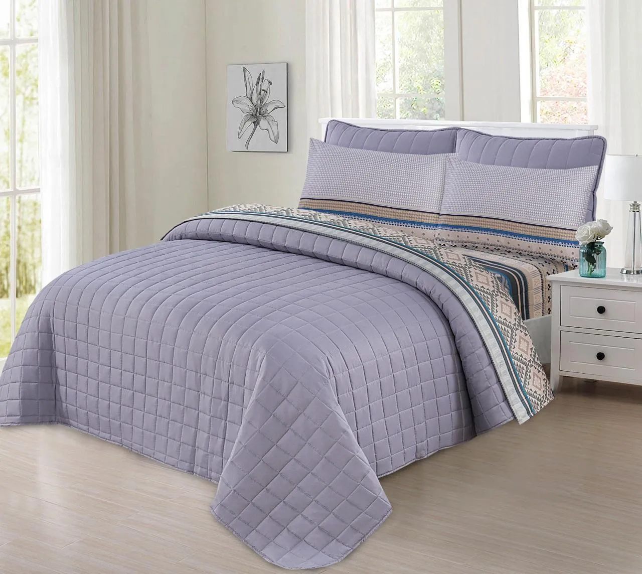 LIGHT GREY BEDSPREAD 6PCS DIED PRINT