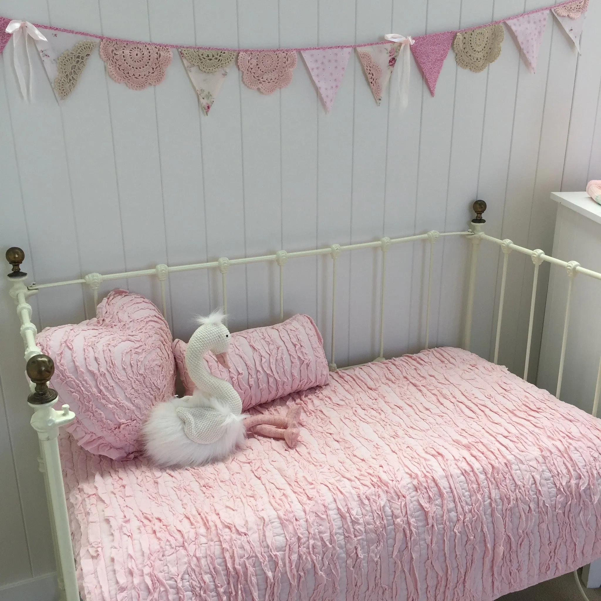 Lulu Pink Ruffle Cot Quilt Nursery Bedding & Bonus Emma Heart Rattle.