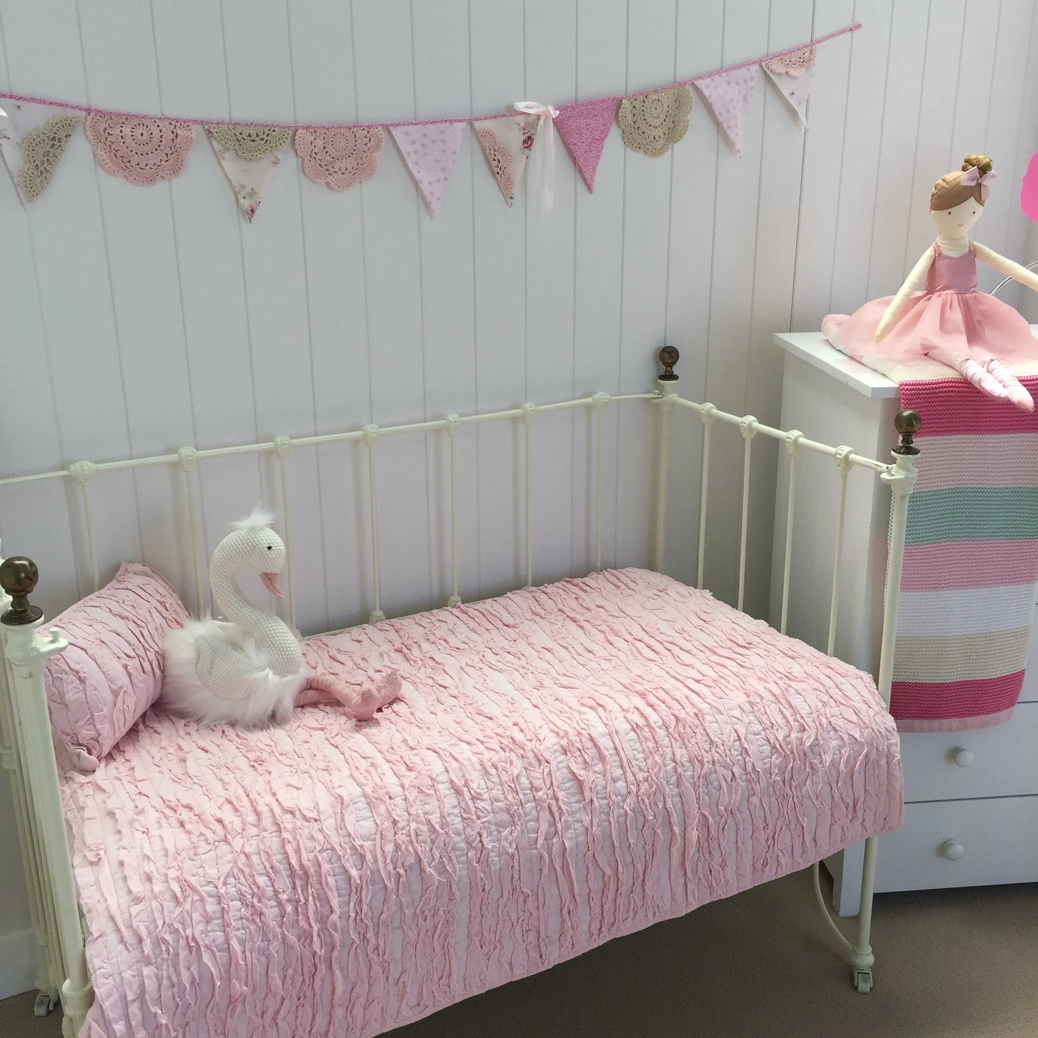 Lulu Pink Ruffle Cot Quilt Nursery Bedding & Bonus Emma Heart Rattle.