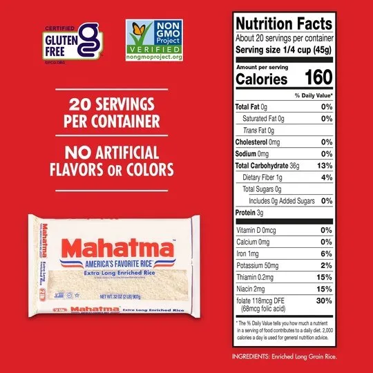 Mahatma Enriched White Rice, Extra Long Grain Rice, 2 lb Bag