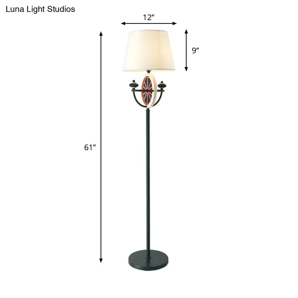 Mediterranean Barrel Floor Lamp - Black Fabric, 1 Bulb, Round & Bowl Frame Design