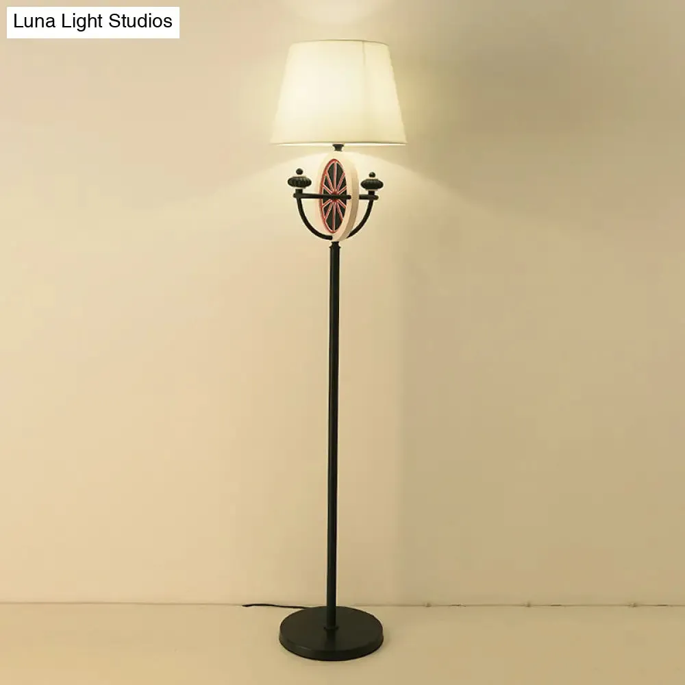 Mediterranean Barrel Floor Lamp - Black Fabric, 1 Bulb, Round & Bowl Frame Design