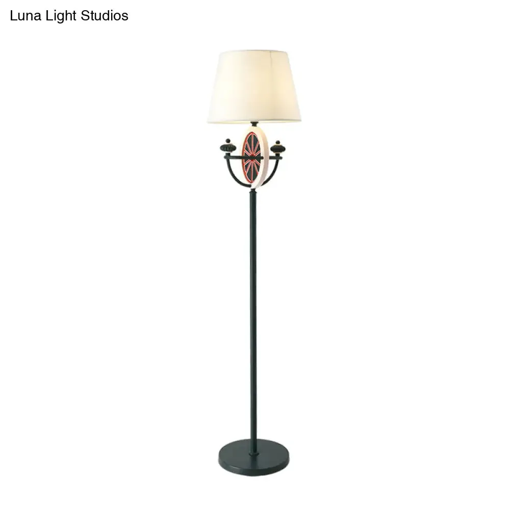 Mediterranean Barrel Floor Lamp - Black Fabric, 1 Bulb, Round & Bowl Frame Design