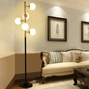 Modern Black-Gold Tree Floor Lamp with 5-Bulb Metal Stand and Beige/Milk White Glass Shade