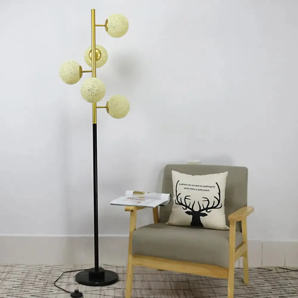 Modern Black-Gold Tree Floor Lamp with 5-Bulb Metal Stand and Beige/Milk White Glass Shade