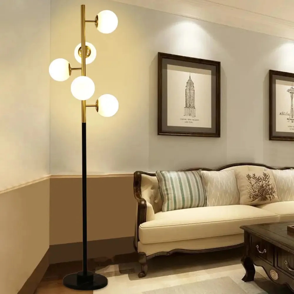 Modern Black-Gold Tree Floor Lamp with 5-Bulb Metal Stand and Beige/Milk White Glass Shade