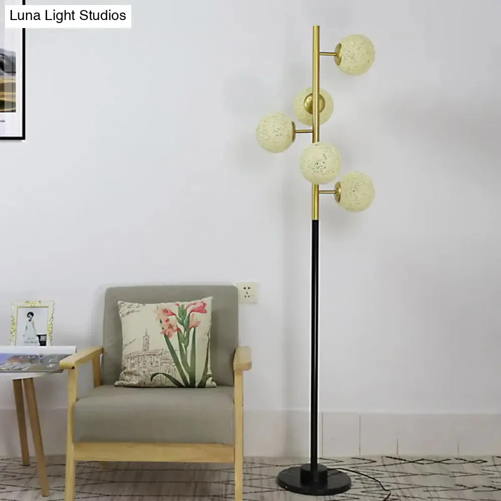 Modern Black-Gold Tree Floor Lamp with 5-Bulb Metal Stand and Beige/Milk White Glass Shade