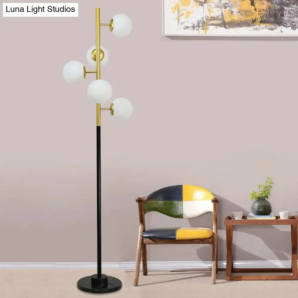 Modern Black-Gold Tree Floor Lamp with 5-Bulb Metal Stand and Beige/Milk White Glass Shade