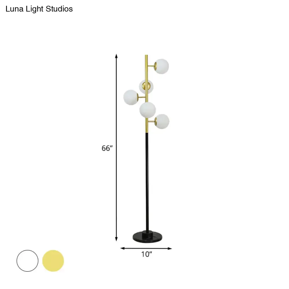 Modern Black-Gold Tree Floor Lamp with 5-Bulb Metal Stand and Beige/Milk White Glass Shade