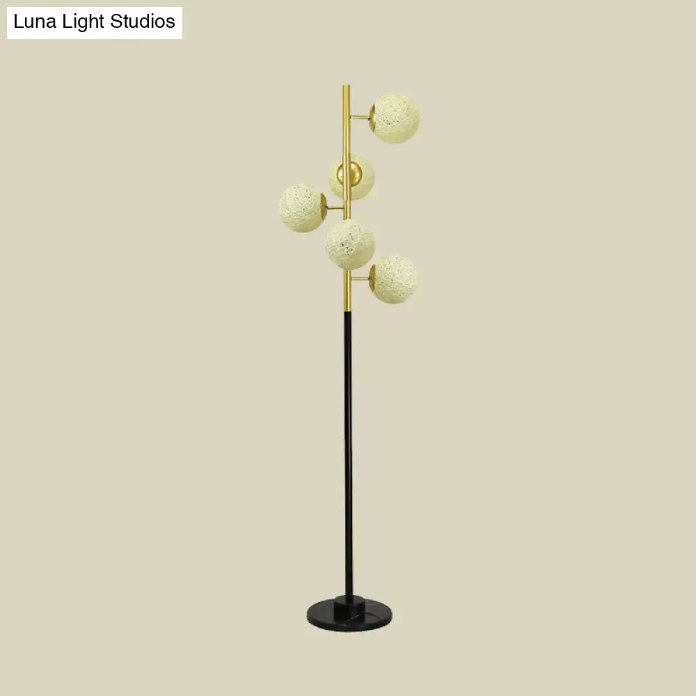 Modern Black-Gold Tree Floor Lamp with 5-Bulb Metal Stand and Beige/Milk White Glass Shade