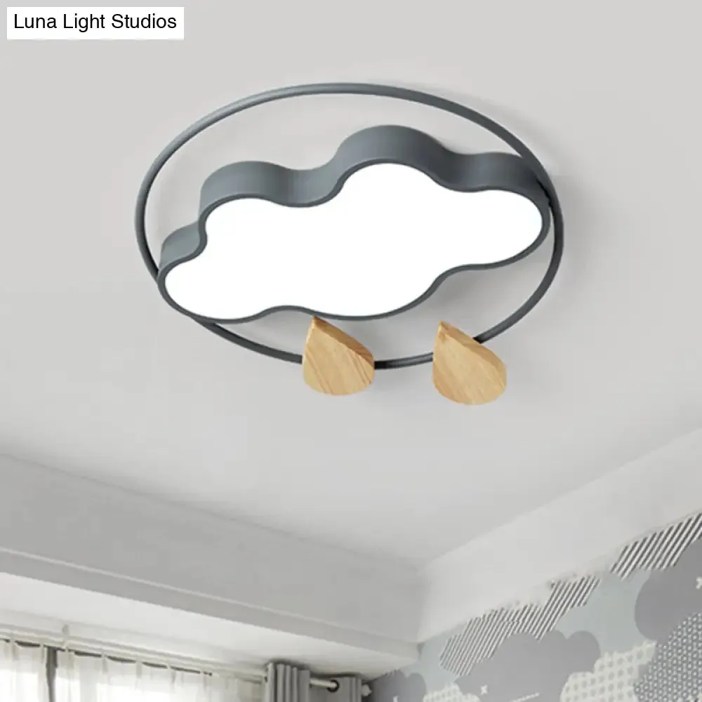 Modern Cloud Bedroom Ceiling Light with Acrylic LED, Wood Raindrop Design (Grey/White/Green)