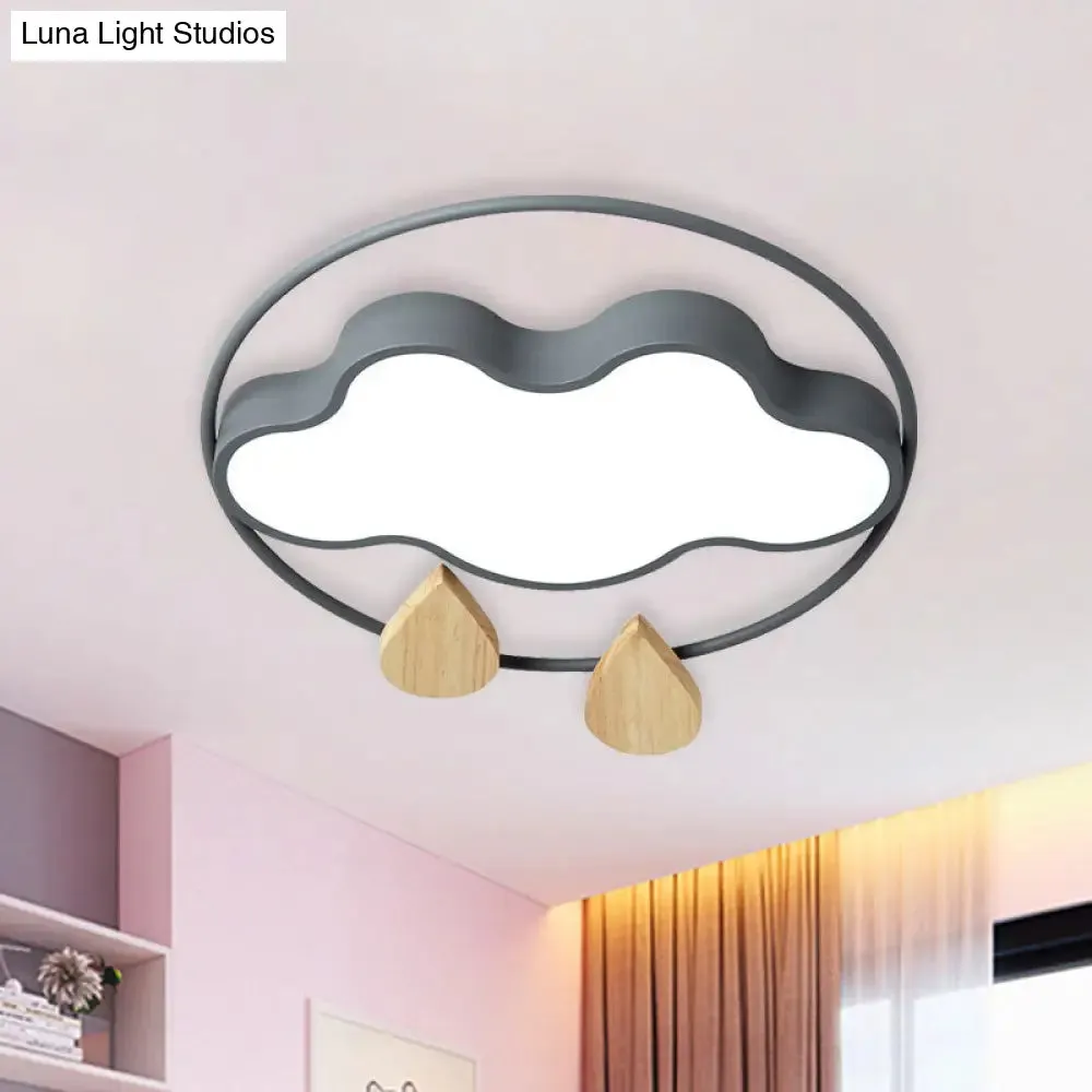 Modern Cloud Bedroom Ceiling Light with Acrylic LED, Wood Raindrop Design (Grey/White/Green)